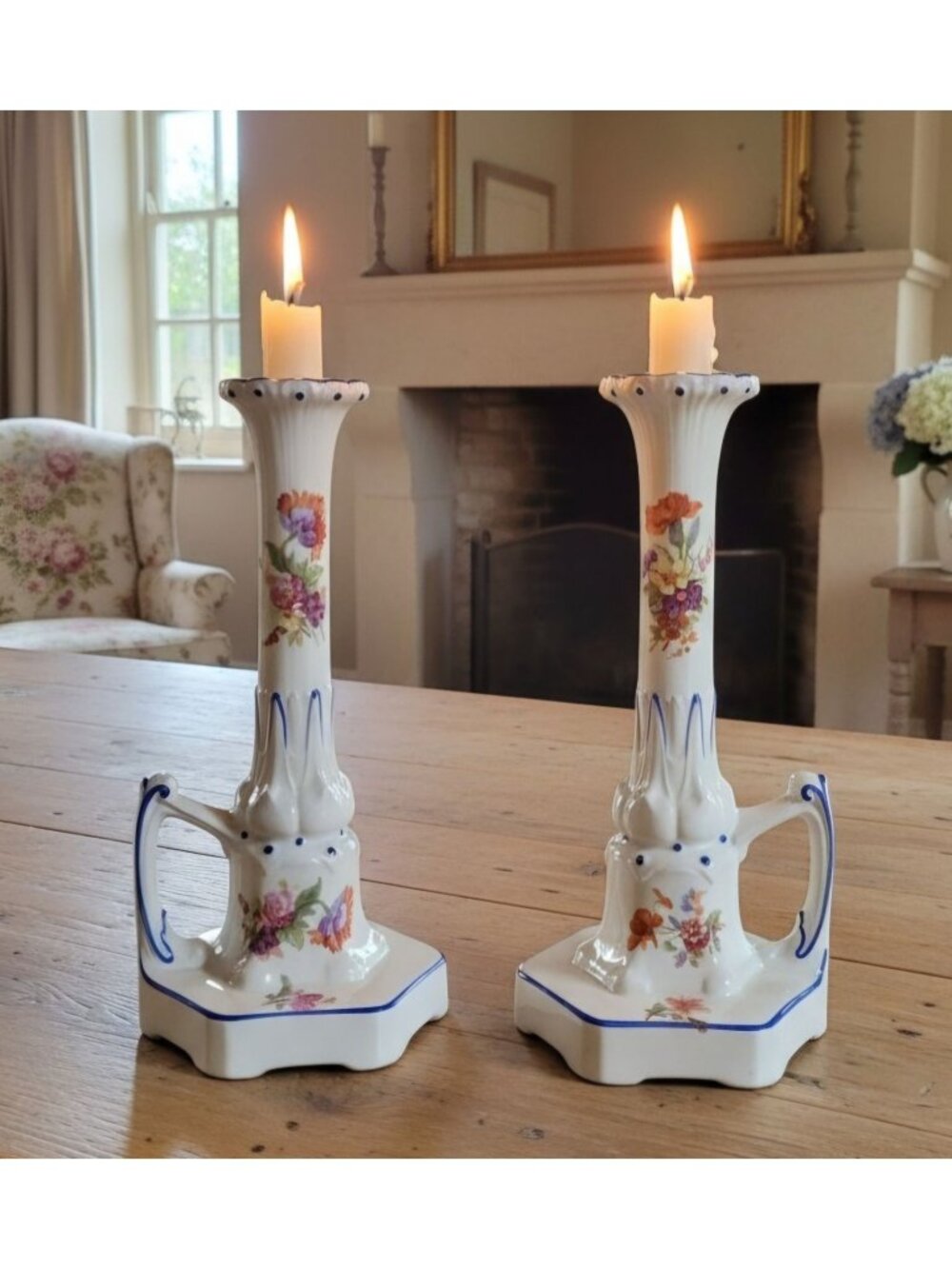 1940s Ornate Czech ceramic candleholders with beautiful flowers & handles